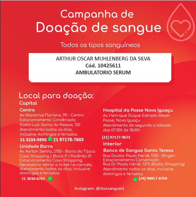 Galera, tenho um pedido pra vocês que estão cheios e saúde e de boas intenções. Nos últimos meses tenho feito transfusões de sangue direto, é o que tá me mantendo de pé. Agora o Banco de Sangue tá precisando de doadores. Quem puder me dar mais essa moral, fico muito agradecido.