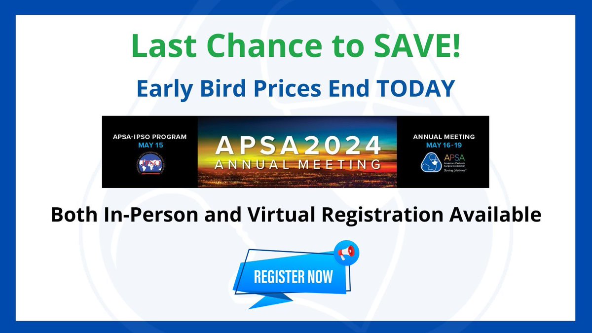 Last chance to SAVE! #APSA24 early bird prices end today. Don't miss out, and secure your spot before it's too late: buff.ly/3VJgj84 @IPSO_PedSurgOnc #SoMe4PedSurg