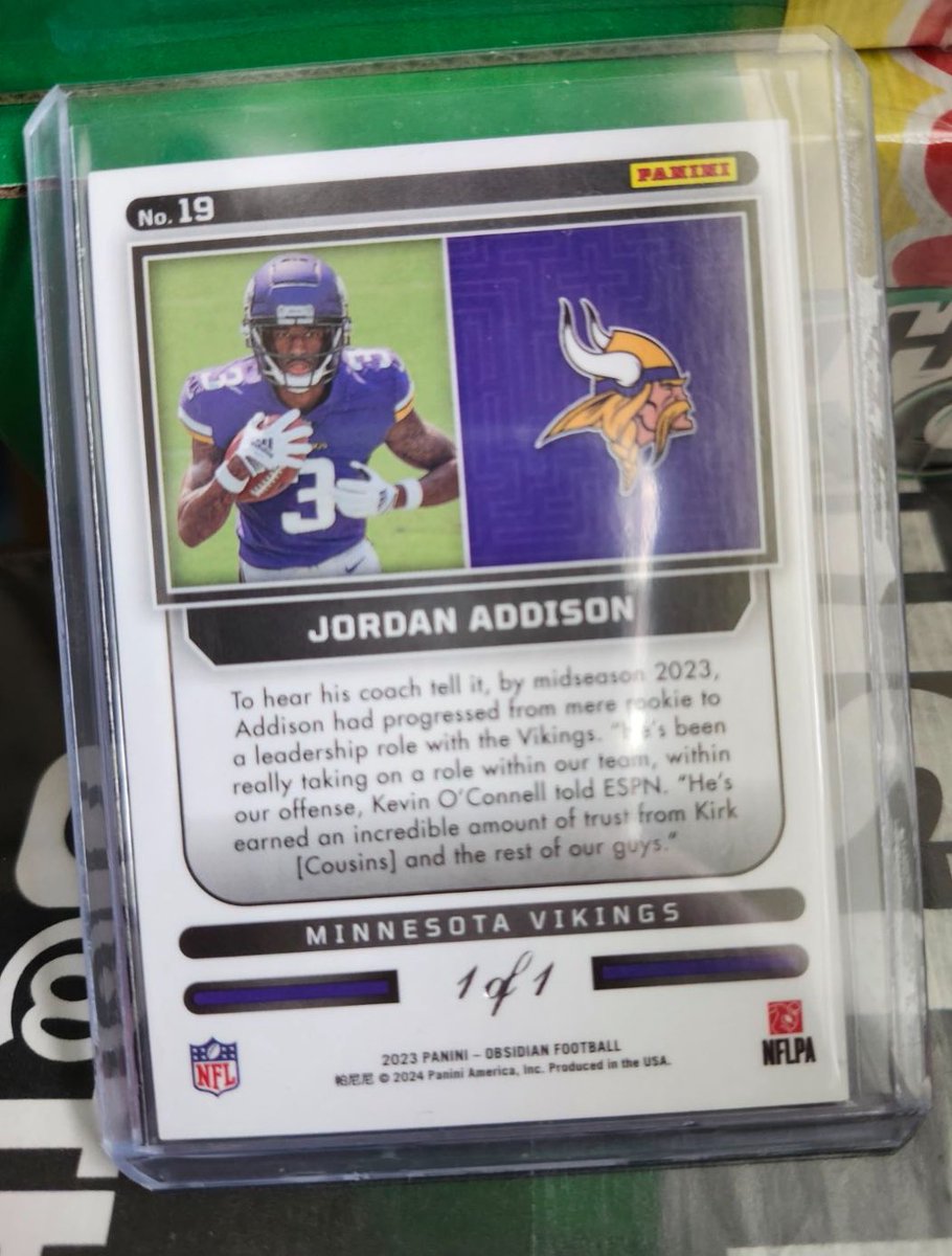 Just hit a MASSIVE card of Jordan Addison 1/1 in 2023 Obsidian Football. I will be selling this card to only serious buyers. Asking $1500 OBO. @MRJIMMYBRO #footballcards #sportscards #Vikings #JordanAddison