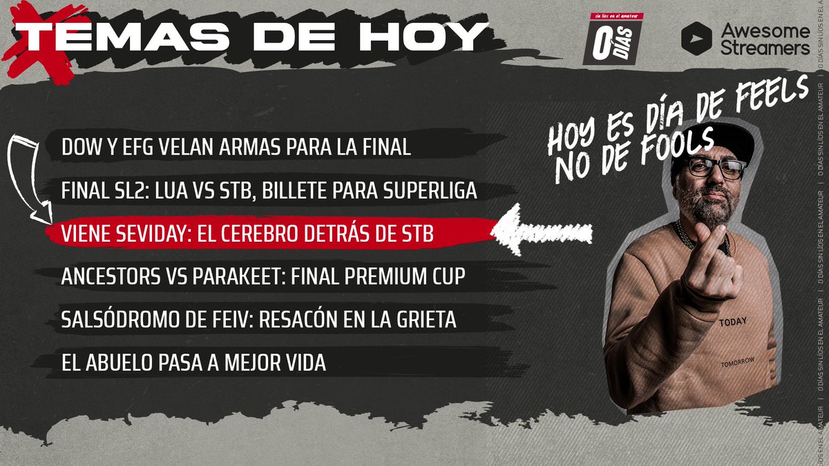 ⚠️ ANUNCIO MUY IMPORTANTE HOY. ⚠️

Hoy en #0Días tendremos tres finales calentitas que comentar, también vendrá <a href="/AdayGmez1/">Seviday</a> para hablarnos de su libro, y como siempre @Feeiiv_ pondrá salsita al menú de hoy.

Por último, el abuelo pasa a mejor vida. 🫡

Esta noche a las 22:00.