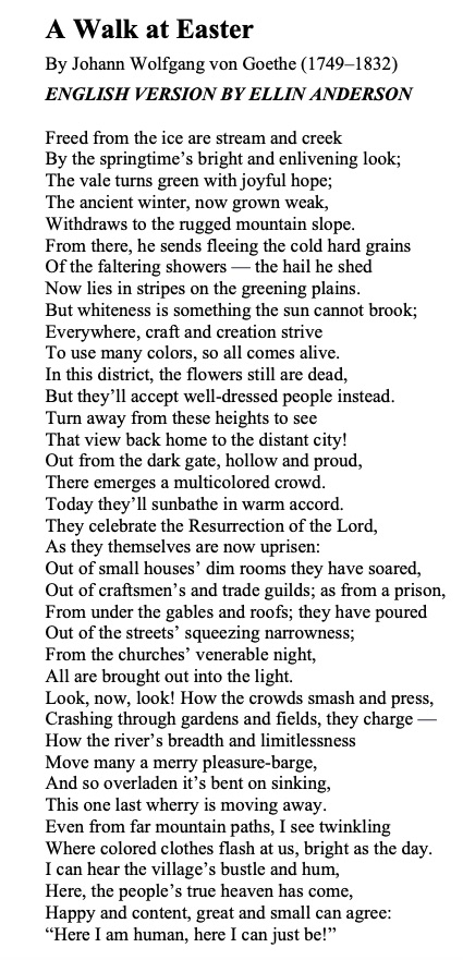 ellin_anderson's tweet photo. It’s #EasterMonday: time for the #Osterspaziergang, an old #German custom where people take a walk to celebrate nature and the beginning of #Spring. As described by #Goethe in “#Faust,” my translation. #poem #poetry #Easter #EasterWalk #Germany #HappyEaster #HappyEaster2024 https://t.co/ZvGjV60MRP