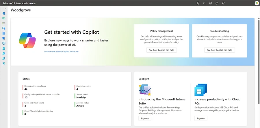 Screenshot of the home screen in the Microsoft Intune admin center showing options to "Get started with Copilot" such as troubleshooting and policy management