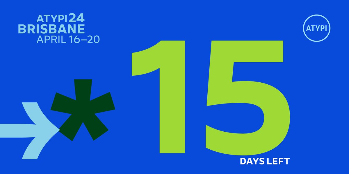ATypI's tweet photo. 15 Days Left for ATypI Brisbane! 🪃Regular and discounted tickets (Boost) until Thursday 4/4! ✨https://t.co/lAuQR4099b

#ATypI2024 #ATypIBrisbane https://t.co/qDsC6KrAtd