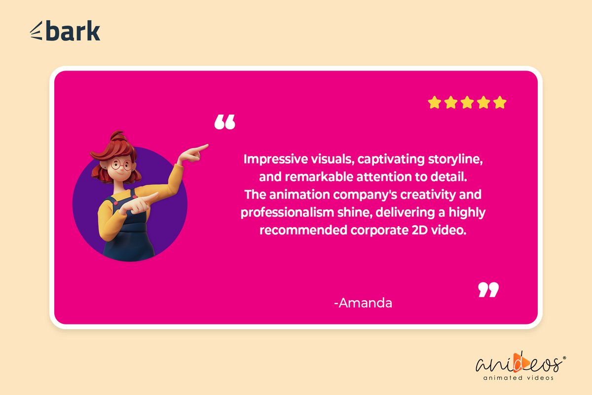 Nothing speaks louder than the words of our satisfied clients!

Here’s another client who recently appreciated our efforts on Bark. 
Do you want such corporate 2D videos for your business? Let us know!

#reviews #Feedback #customerreviews #anideos #animation