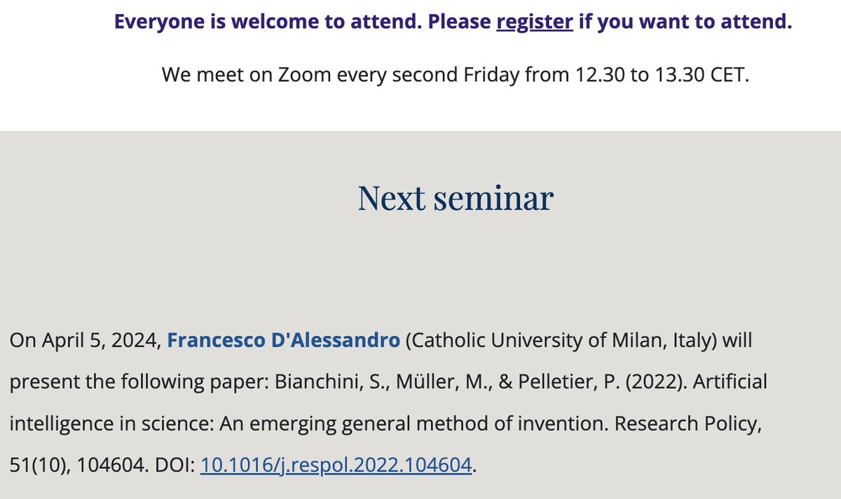 Gaétan de Rassenfosse (@gderasse) on Twitter photo 📢#REGIS is going to 🇮🇹 with Francesco D'Alessandro (<a href="/Unicatt/">Università Cattolica</a>) presenting the #RESPOL paper by <a href="/peltouz_/">Pierre Pelletier</a> et al. examining the diffusion of #AI in the sciences and its impact on scientific discovery.
🗓️ Friday, April 5, 12.30 pm CET
➡️ regis.science 📢#REGIS is going to 🇮🇹 with Francesco D'Alessandro (<a href="/Unicatt/">Università Cattolica</a>) presenting the #RESPOL paper by <a href="/peltouz_/">Pierre Pelletier</a> et al. examining the diffusion of #AI in the sciences and its impact on scientific discovery.
🗓️ Friday, April 5, 12.30 pm CET
➡️ regis.science