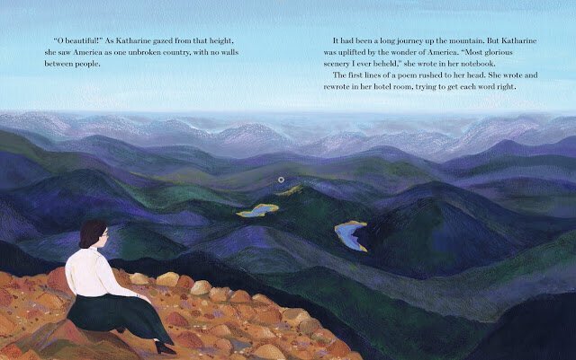 Happy #NationalPoetryMonth to poet Katharine Lee Bates, who gave 'America the Beautiful' to a country divided by #CivilWar, reminding us we are one American family 'from sea to shining sea.' Learn her story in FOR SPACIOUS SKIES #OlgaBaumert @amightygirl @AlbertWhitman #kidlit