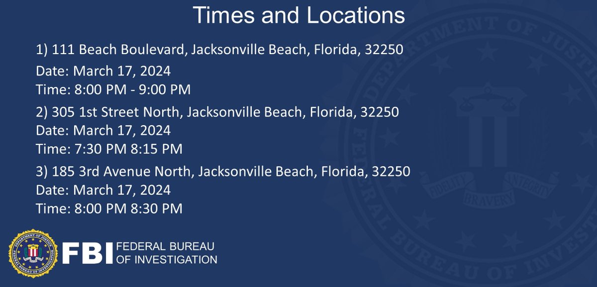 #FBI Jacksonville is offering a #REWARD of up to $10,000 for information leading to the conviction of those responsible for the shootings that took place in Jacksonville Beach on March 17, 2024. Call 1-800-CALL-FBI or submit videos/photos to fbi.gov/jaxbeach-shoot…. @JaxBeachPD