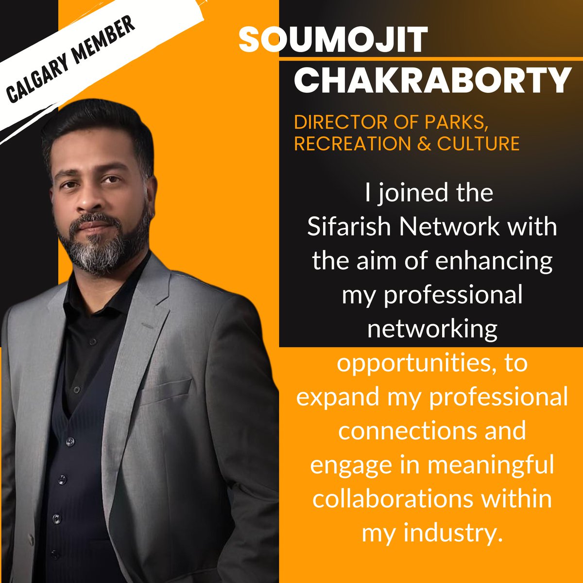 Welcome to this week’s #MembershipMonday ! This week, we feature Soumojit Chakraborty! 

#sifarish #community #connection #collaboration #southasian #business #professional #canada #sportsmanagement #recreationmanager #municipalities #AFC #nationallevel #sportsorganizations