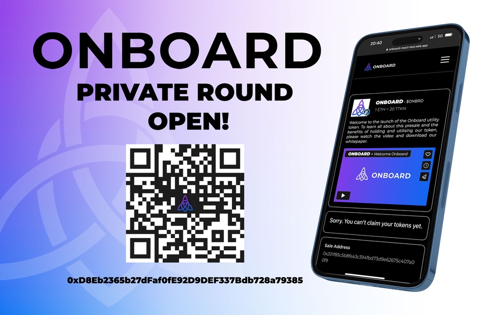 Onboard_Me's tweet image. 🚀 Exciting News! The private sale for Onboard&apos;s token is NOW LIVE! 🚀 Get early access and join us on our mission to make crypto accessible to everyone. Limited spots available. Don&apos;t miss out! #OnboardToken #PrivateSale #CryptoForAll #cryptocurrency #defi #altcoin #trading
