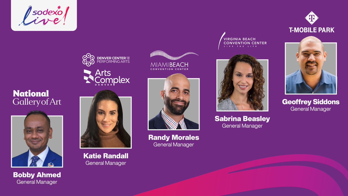 Excited to welcome more Experience Makers to our Sodexo Live! team! As GMs at @ngadc, @DenverCenter, @TheMiamiBeachCC, Virginia Beach Convention Center and @Mariners T-Mobile Park, they'll continue to build out unique guest experiences that create unforgettable moments.