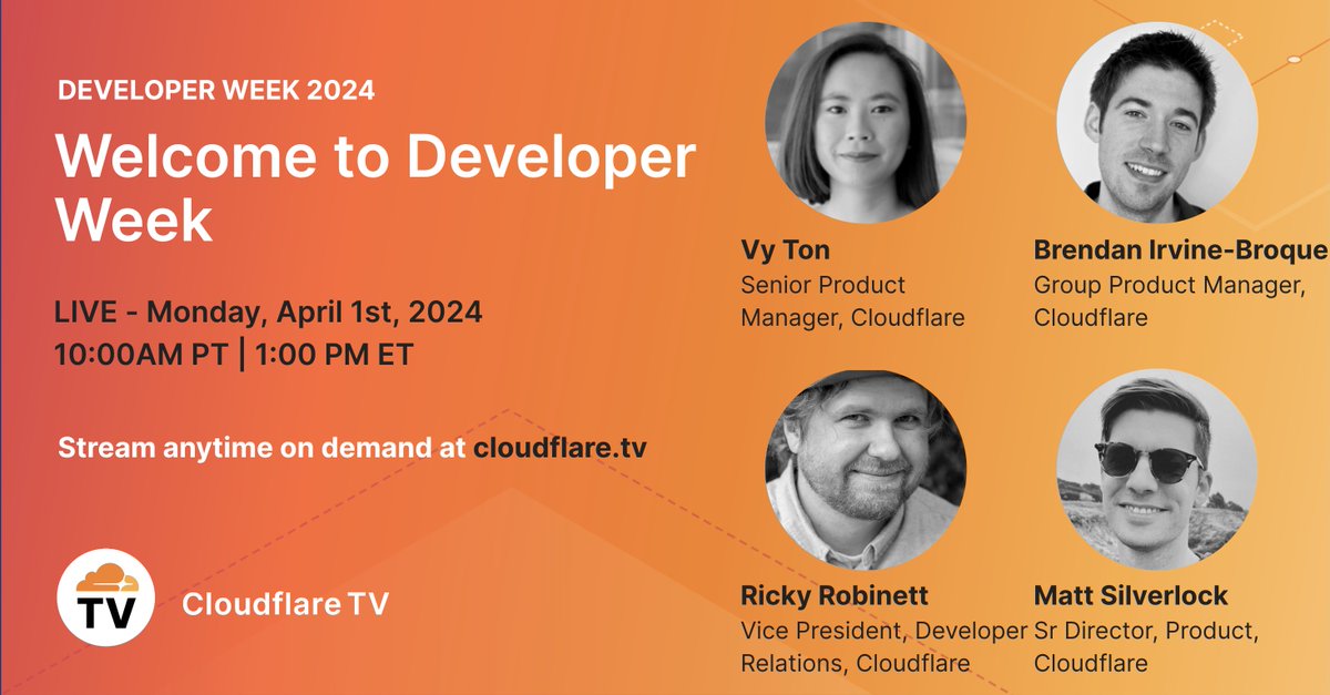 Welcome to Cloudflare's 2024 Developer Week! Join our #DeveloperWeek crew as they highlight what's coming including a peak at going full stack with workers. Check it out >> cloudflare.tv/shows/develope… #CloudflareTV #Developers #Tech @CloudflareDev @RickyRobinett @Elithrar…
