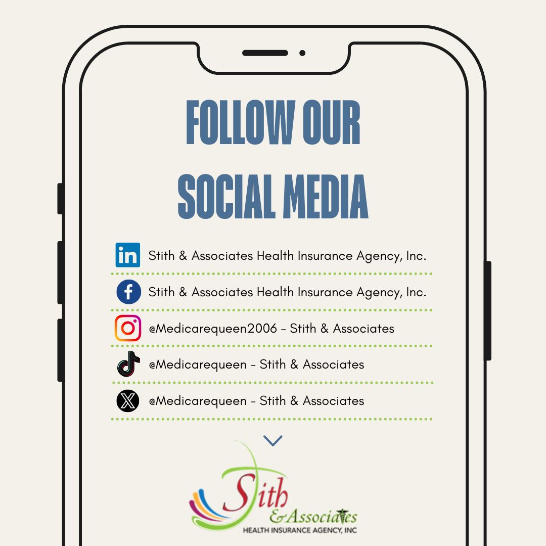 Follow us on our other social media platforms to learn more about our events and Medicare/Insurance tips! #FollowUs #Insurance #InsuranceAgent #MedicareQueen #StithHealthInsuranceAgency