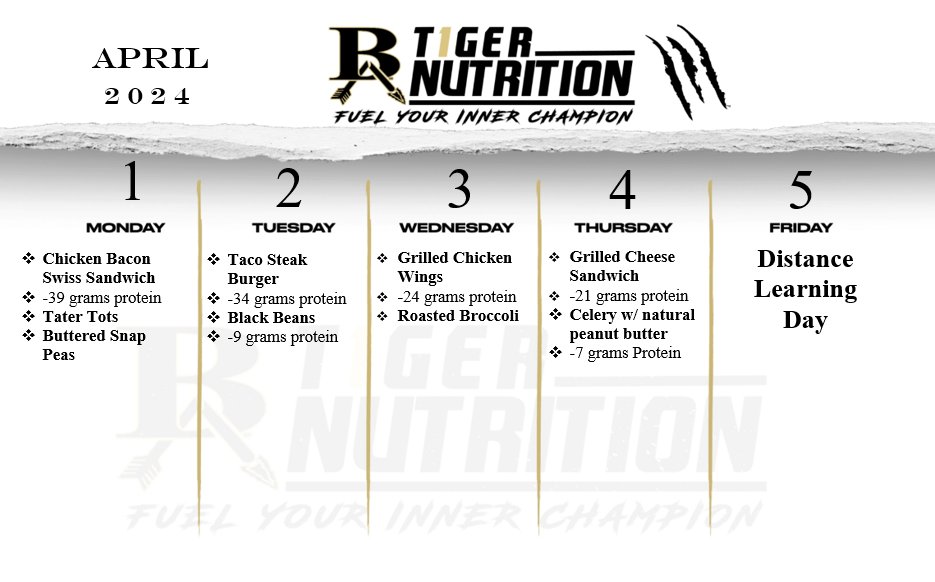 Stay Fueled! Tiger Nutrition Training Table getting your April started right! Upstairs in Tiger Fieldhouse everyday for lunch!