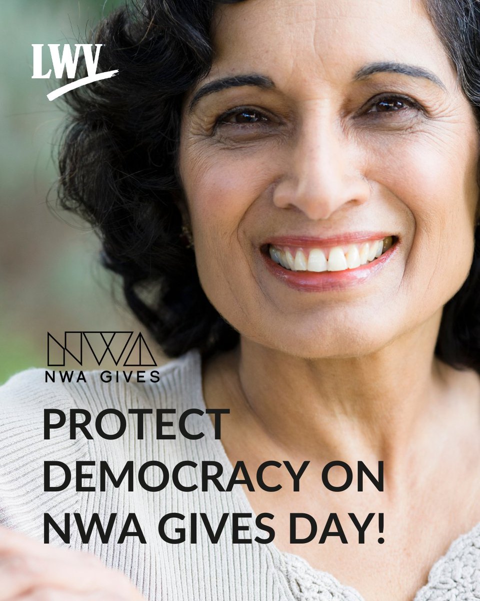 lwvarkansas's tweet image. Your donation will help PROTECT DEMOCRACY in Arkansas on NWA Gives Day! LWVAR is participating in our first NWA Gives Day and we need YOUR help to make it a success! 

Give now at the link below!
nwagives.org/organization/L… 

#NWAGives #LeagueOfWomenVotersAR #DonateForDemocracy