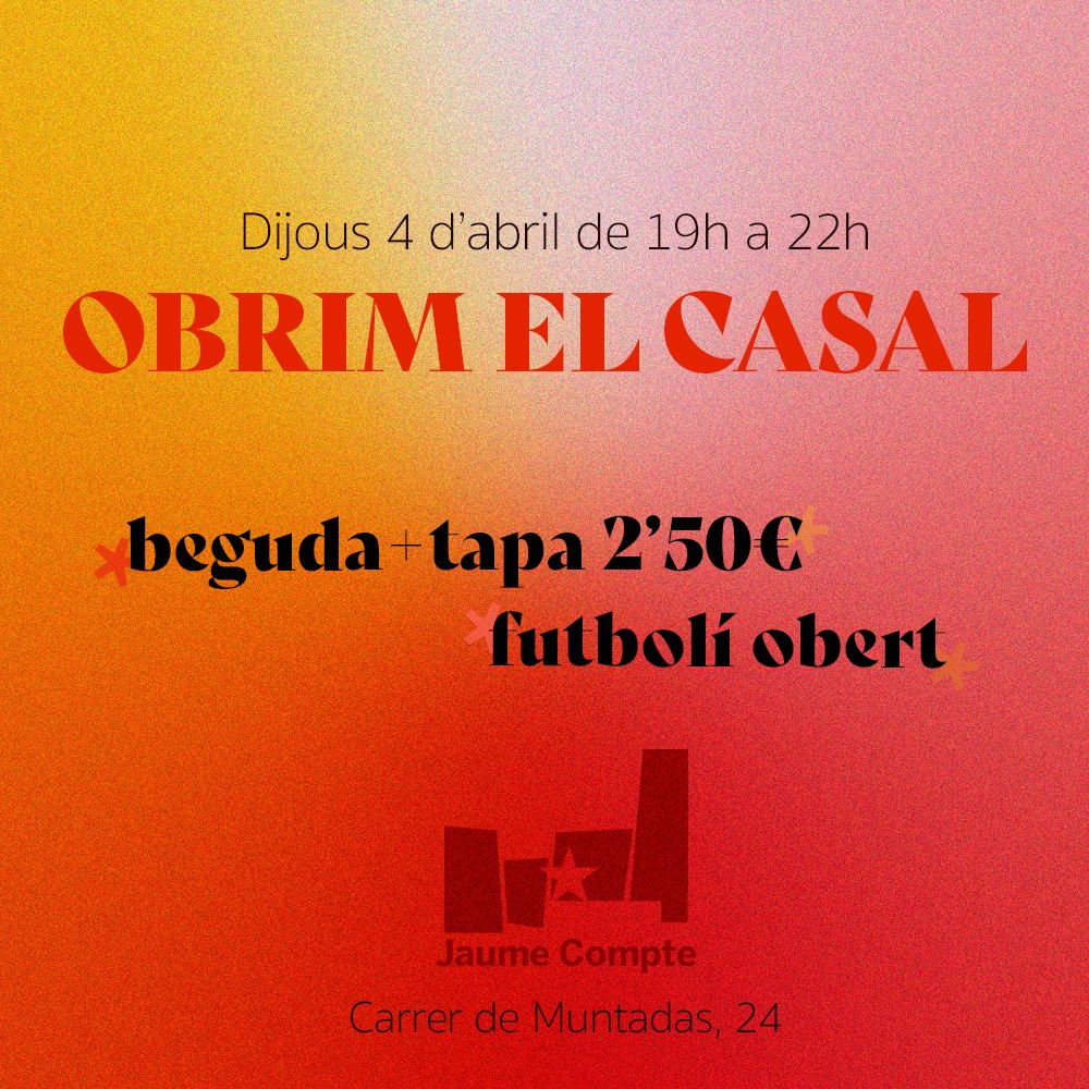 🌟 Han acabat les vacances, però torna el Casal!  

Aquest dijous tornem amb les obertures: nosaltres posem el beure, el menjar i el futbolí i vosaltres el bon ambient!🍾  

El Casal torna a ser l’espai de trobada dels i les independentistes revolucionàries de Sants.