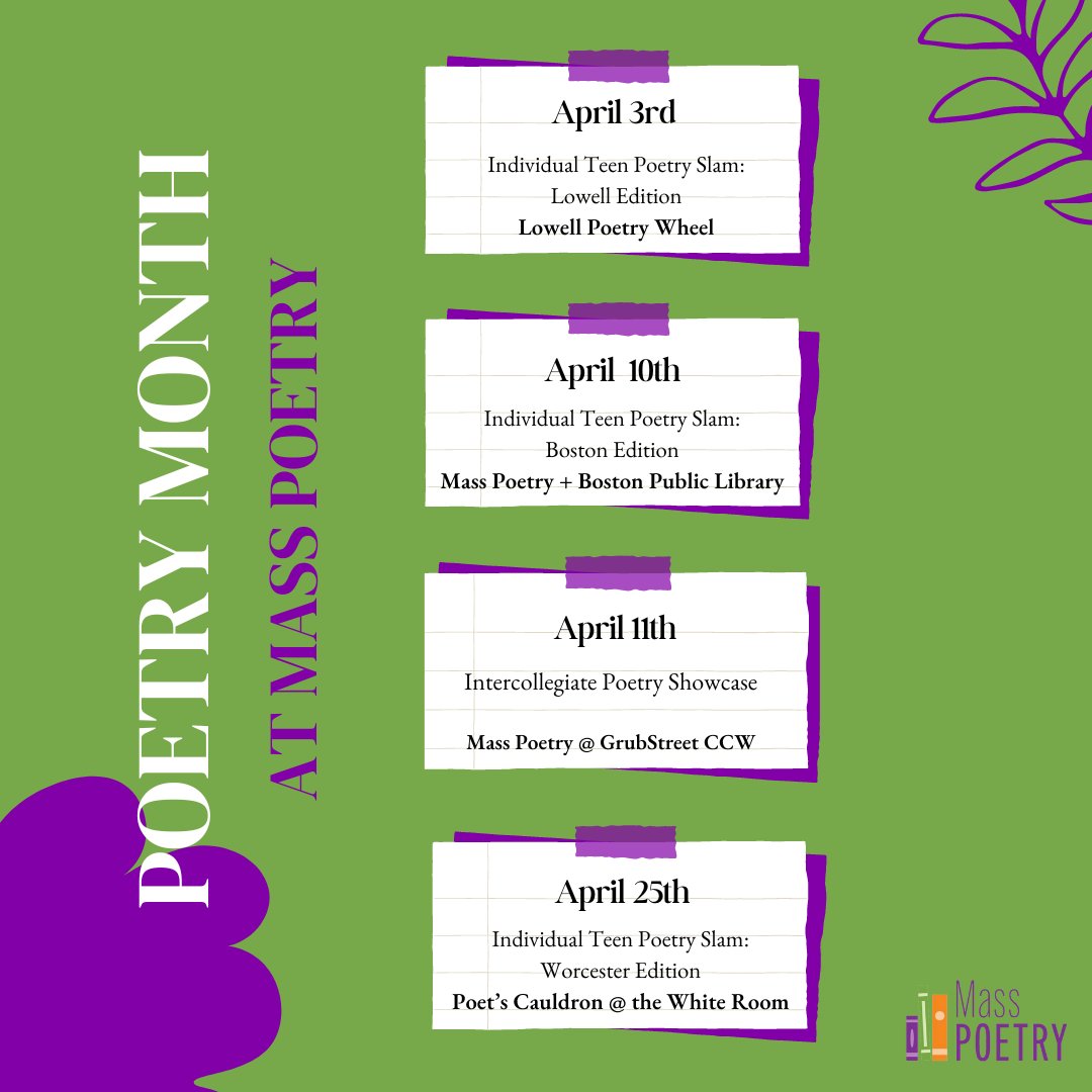 Happy National Poetry Month! Celebrate poetry this month with these exciting Mass Poetry events. Learn more on our website: masspoetry.org! 

Teen Poets, register for our preliminary poetry slams here: masspoetry.org/teen-spoken-wo….