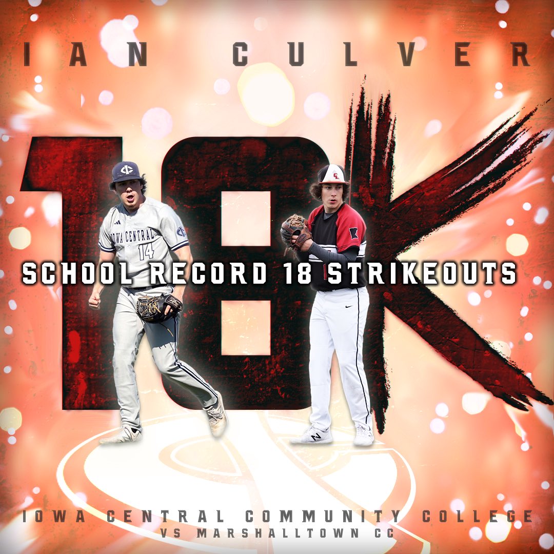 🔥 18 STRIKEOUTS 🔥 #GreatLakesAlumni @Culver_Ian15 was ON FIRE, setting a school record for @ICCCBaseball with 18 Ks‼️ The Sophomore went the full 9 innings against Marshalltown CC, allowing just 4H and 0ER. Culver improves to 6-0 with a 1.99 ERA and remains #uncommitted 🚨