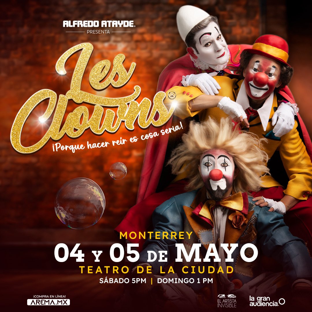 🎪¡HOLA MONTERREY!🎪

Estamos felices de volver.

Nos vemos del 4 y 5 de mayo en el Teatro de la Ciudad. Monterrey, NL

*Espectáculo apto para todo público*

🎟Adquiere tus boletos en: tr.ee/u882bFPNTg

#circo #Teatro #arte #cultura #Monterrey #Risas