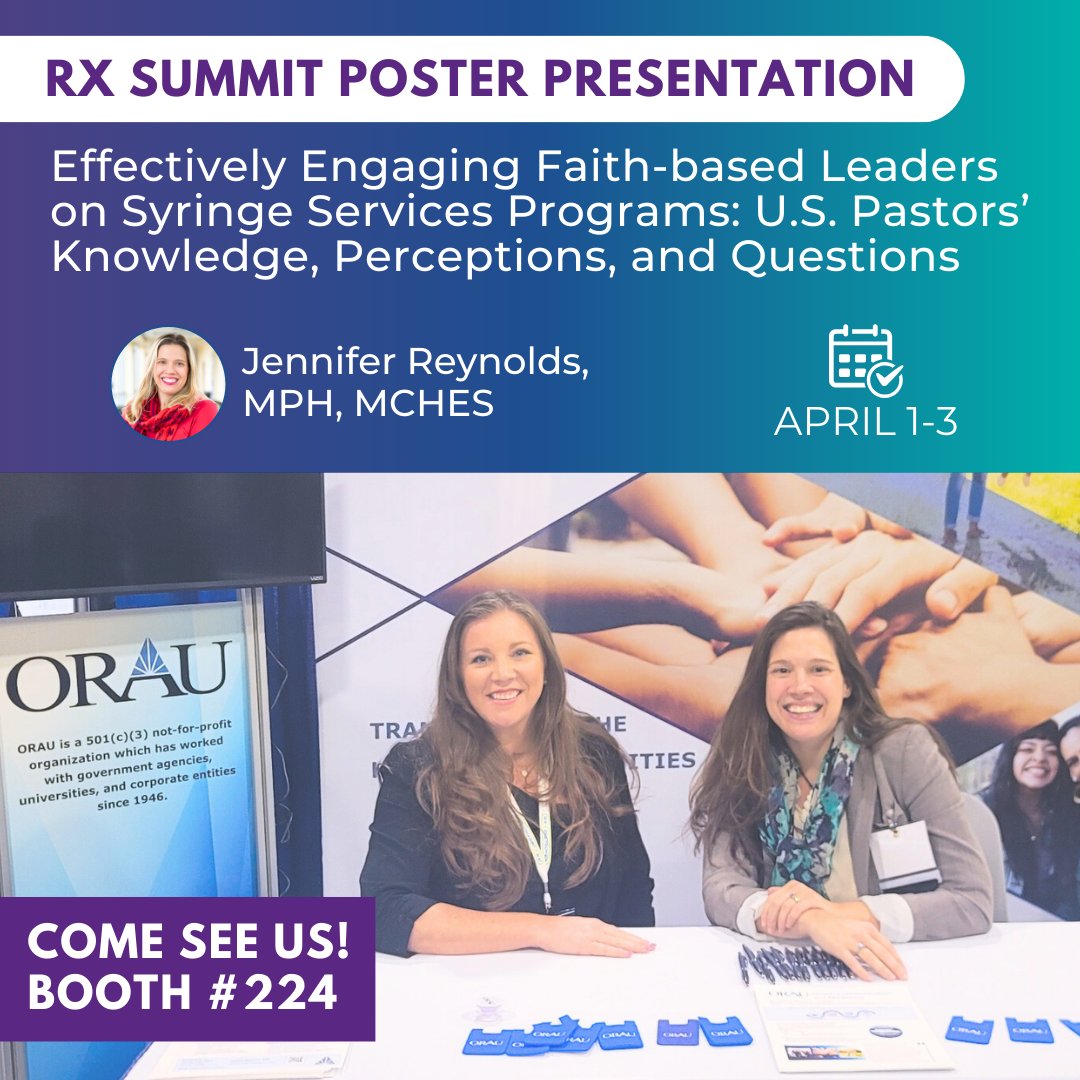 orau's tweet photo. Want to improve your engagement with faith-based leaders for syringe services programs? Don't miss our poster presentation at the Rx Summit. We look forward to discussing findings and implications from this first of its kind study! 
#FurtherTogether #RxSummit2024 https://t.co/AZqjCJJl6M