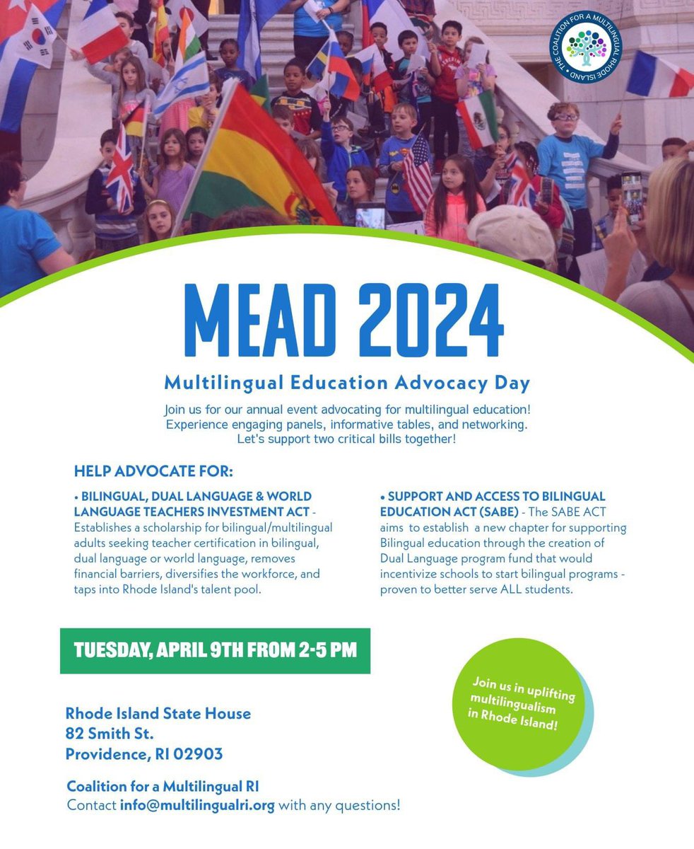 MultilingualRI's tweet photo. Join us at the RI State House for the 6th Annual Multilingual Education Advocacy Day, #MEAD 2024!
Engage w/stakeholders, educators, & community members as we advocate for multilingual education. Panel discussions, informational tables, & networking opportunities. #MultilingualRI https://t.co/sNtiYWHKvp