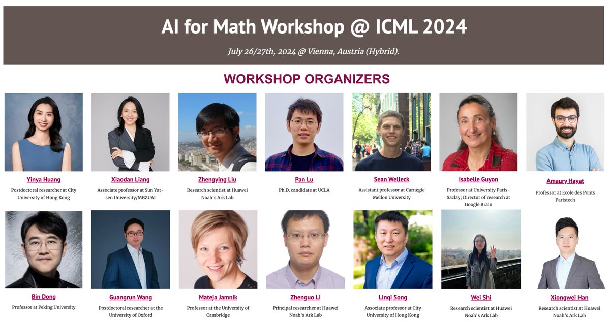 Excited to announce the AI for Math Workshop at #ICML2024 @icmlconf! Join us for groundbreaking discussions on the intersection of AI and mathematics. 🤖🧮 📅 Workshop details: sites.google.com/view/ai4mathwo… 📜 Submit your pioneering work: sites.google.com/view/ai4mathwo… 🏆 Take on our…