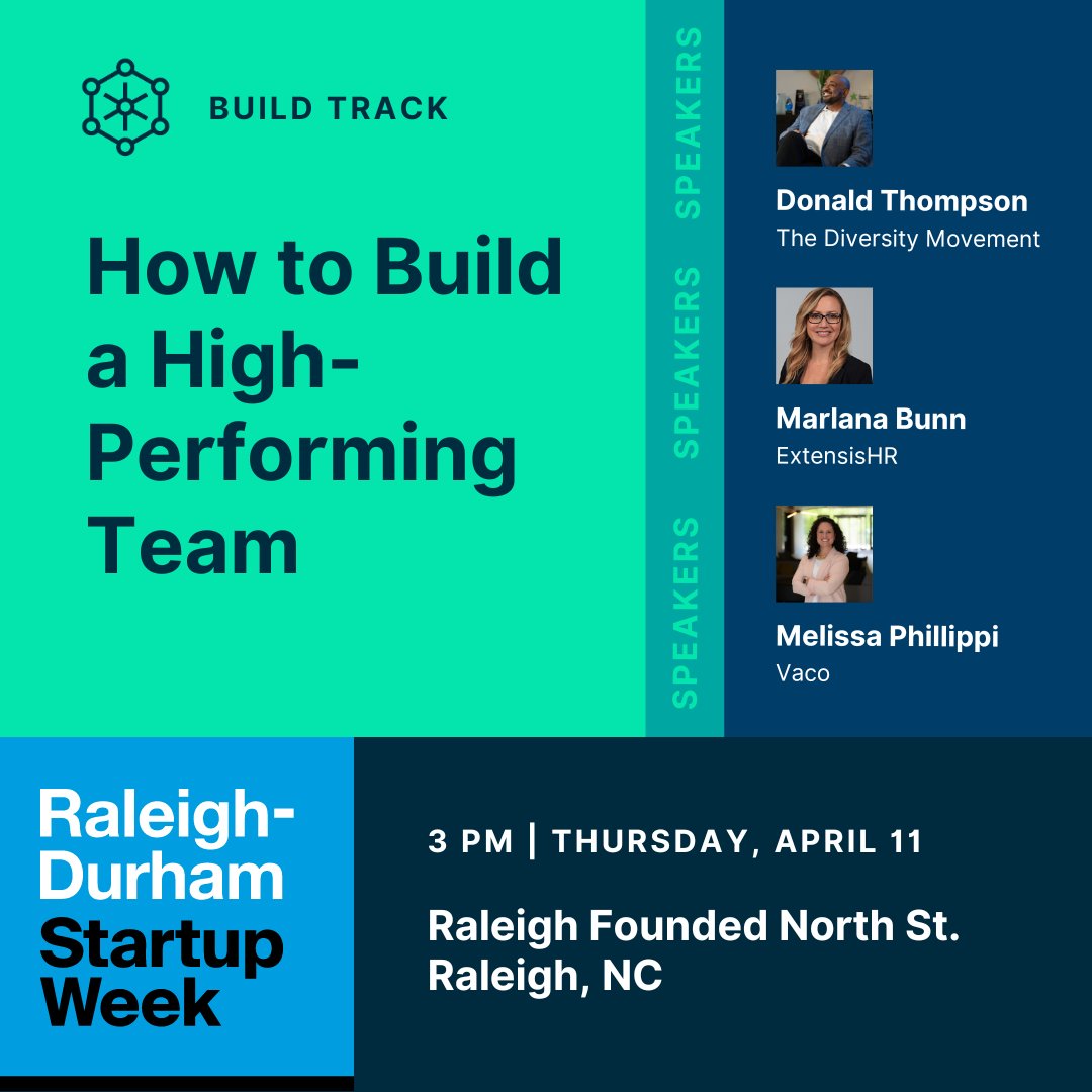 Learn how to build and lead effective teams with strategies to find and retain the right people, foster a collaborative culture, and keep your team motivated and agile.

Register today
raleighdurhamstartupweek.com

#rdsw2024 #yalltech