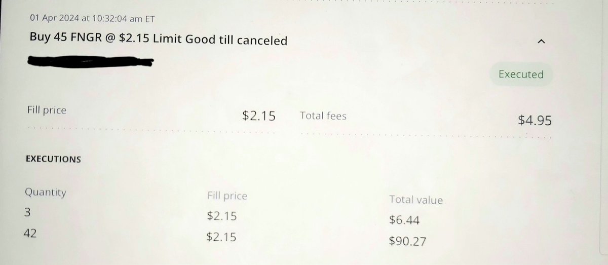 Luckylioness2's tweet photo. @HAMShortkiller @ace_indy_biz  I bought 45 shares of $FNGR and they filled it in 2 batches, one with 42 shares and the other with 3. https://t.co/uVEs8BkzJ8