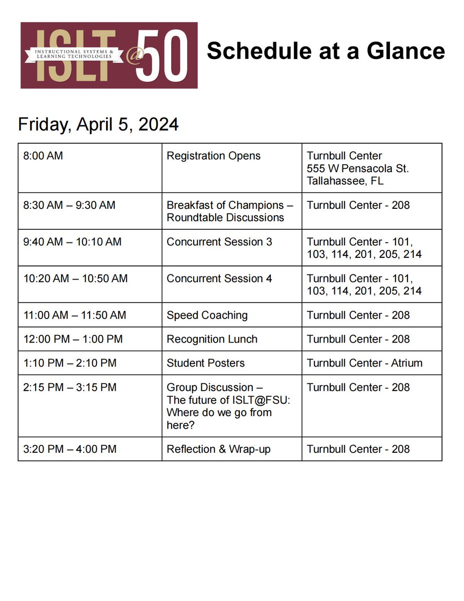ISLT_FSU's tweet photo. ๐Welcome to the conference week!๐Check out the ISLT@50 conference schedule packed with exciting sessions and activities for this Wednesday through Friday. Get ready for an unforgettable journey down the memory lane! We look forward to seeing you there! #ISLT50 #AlumniConference https://t.co/OtcneW84ft