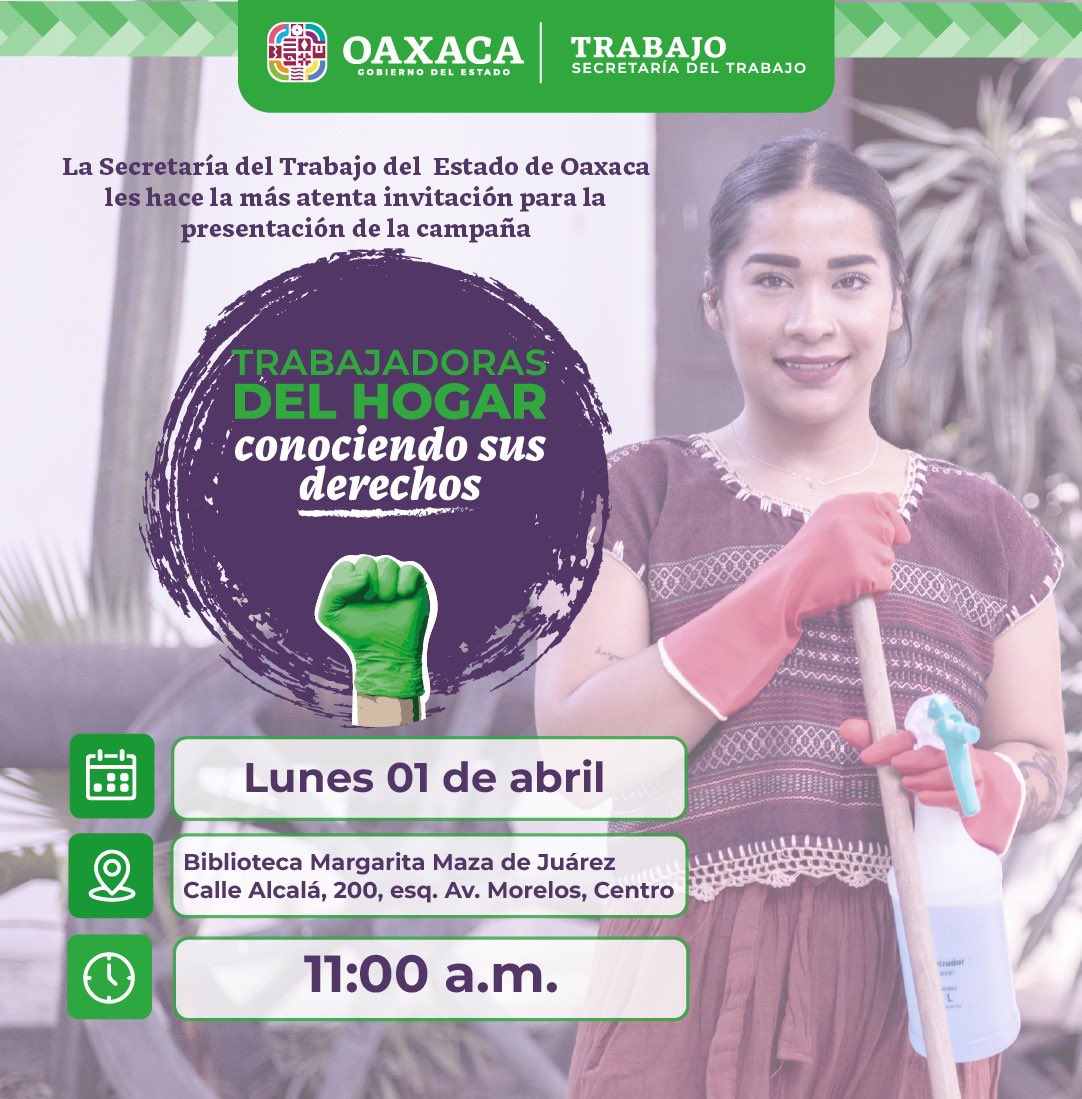 En el marco del día internacional de las personas trabajadoras del hogar. La @ Secretaria trabajo de #Oaxaca Lanza la campaña Trabajadoras del hogar Conociendo sus derechos. @CACEHmx @MarceBautistaB y @ArellanesCardenas presentes