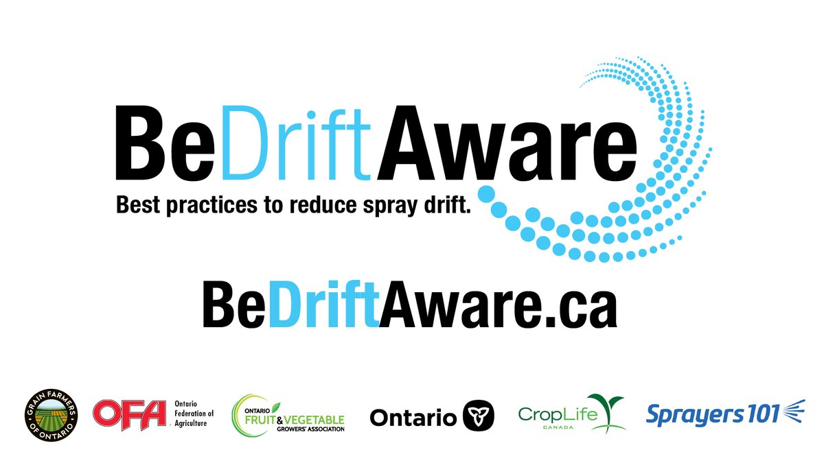 Ontario agriculture, there’s a new resource to help reduce spray drift this season. It’s an info hub at ow.ly/Okvy50R5ICk loaded with spray tips and best practices. We’re proud to be part of it with @GrainFarmers @OntarioFarms @OntFruitVeg @OMAFRA #BeDriftAware