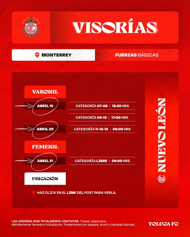 👹📢| ¡Diablos de Monterrey, tendremos visorías de fuerzas básicas!

✅ Checa las fechas y todos los requisitos.

Responsiva
📄 bit.ly/ResponsivaTolu…

Ubicación
🔻 bit.ly/VisoriasMTY

#NuestroViaje | #TuMismaSangre