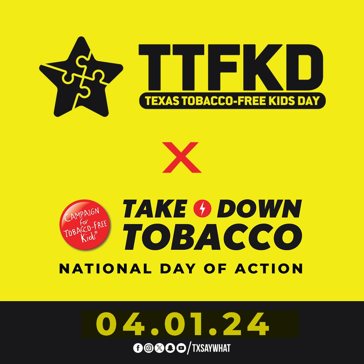 TxSayWhat's tweet photo. Not only is today Texas Tobacco-Free Kids Day but it’s the National Day of Action with the Campaign for Tobacco-Free Kids! Use your voice today to take action against Big Tobacco and rebel against their dirty tactics to try to get us hooked! #ConnectTexas #TTFKD https://t.co/3nf2xs8Mdr