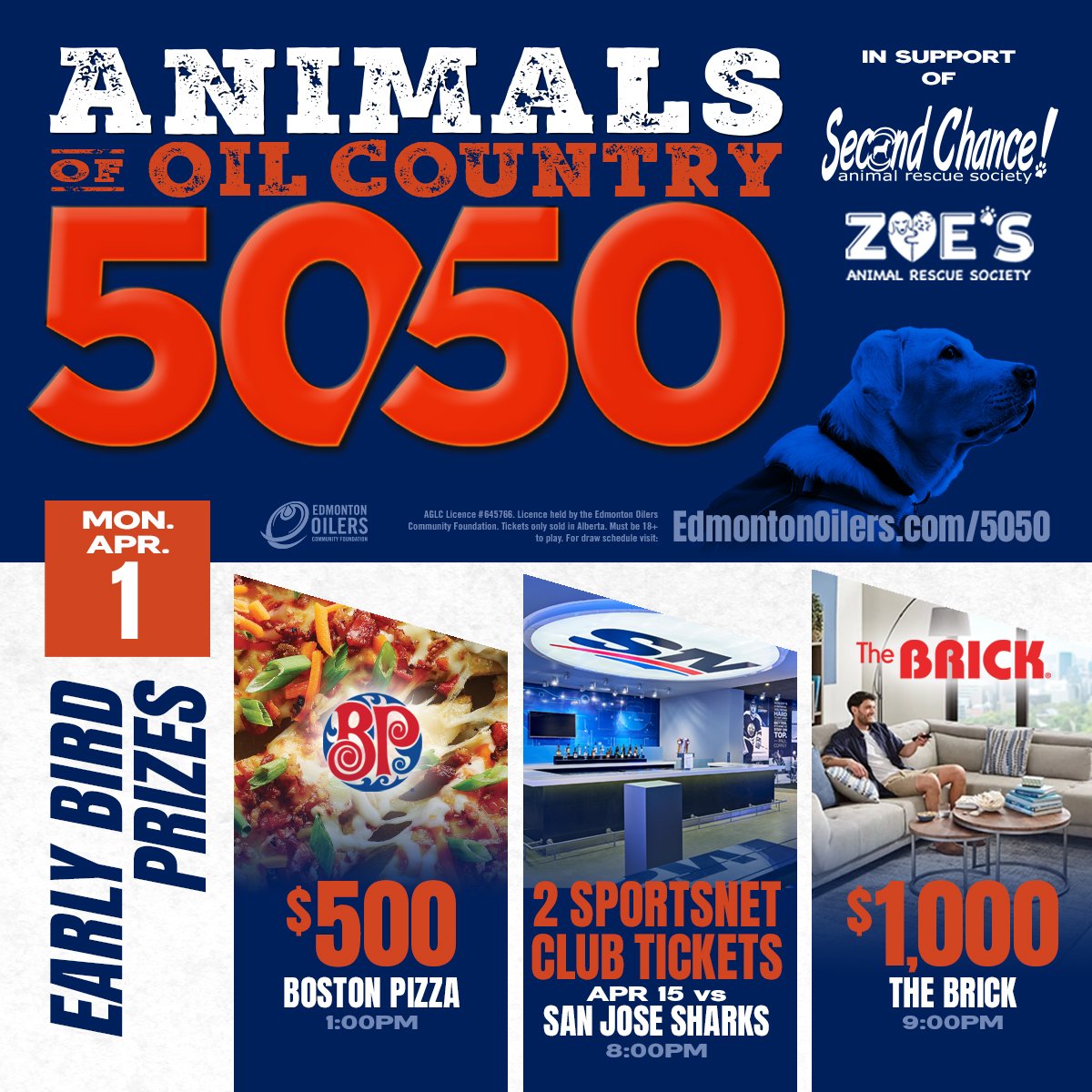 Oil_Foundation's tweet photo. 🐶 ANIMALS OF OIL COUNTRY 🐱

We're supporting @SCARS_Alberta &amp; @FurRSQ today with a brand new #Oilers 50/50 featuring three early-bird prizes including $500 for @BostonPizza, @Sportsnet Club seats for the April 15 game &amp; $1,000 for @TheBrick!

🎟 https://t.co/i1VyqGTKcK https://t.co/Oa6SinZFkd