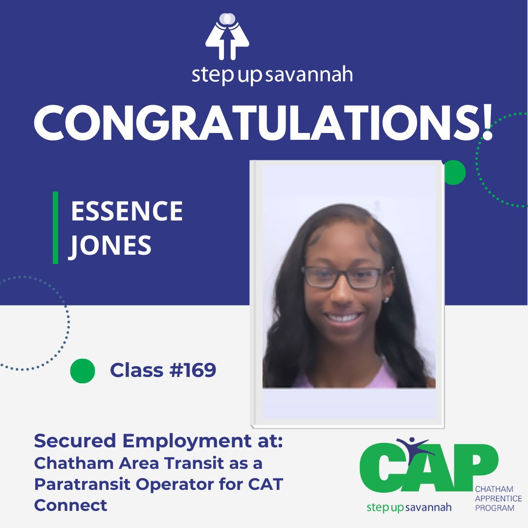 Congratulations, to CAP Class #169 Graduate Essence! She has secured full-time employment at Chatham Area Transit as a Paratransit Operator for CAT Connect, with a salary plus full benefits.

Sign up TODAY:  ow.ly/tr1N50N7Jfk!

#MondayMotivation #EconomicMobility #Savannah