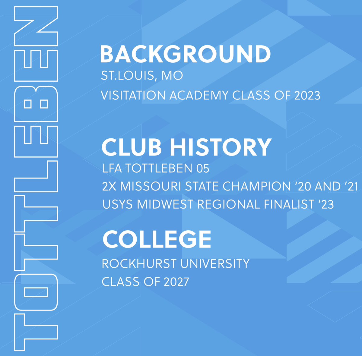 𝙎𝙞𝙜𝙣𝙚𝙙✔️

Welcome Jacie Tottleben! Joining us for the first time this season is LFA alum and Rockhurst University midfielder, Jacie Tottleben. Jacie is a 2x Missouri State Champion and USYS Midwest Regional Finalist.