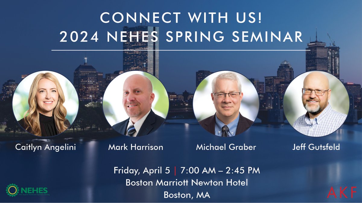 Join us on Friday at @NE_HES Spring Seminar! Connect w/AKF attendees to discuss what's new for the industry & the conference theme of 'back to the basics as we look to the future'. nehes.org/page/spring202… #NEHES #NEHESSpring2024 #HealthcareEngineering #PoweringHumanPotential