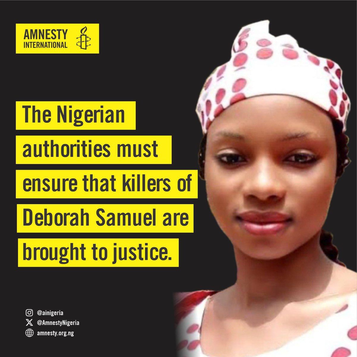 #Deborah Samuel was lynched by her school mates over alleged #blasphemy on 12 May 2022 in #Sokoto. More than a year after, the Nigerian authorities have failed to hold her killers to account.