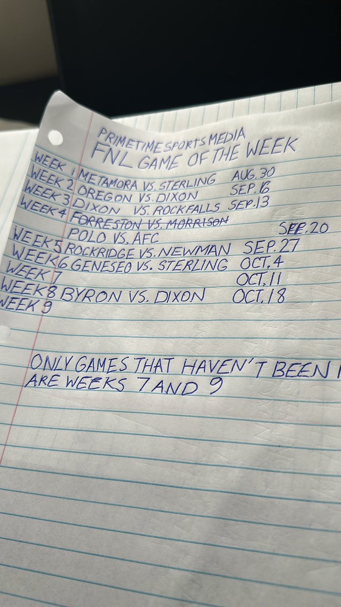 Primetime Sports Media FNL Game of the Week schedule is out expect for Weeks 7 and 9 @_shsfootball @DukesDixon @RFVarsityFB @NewmanFootball1 @OregonHawksFB @PrepRedzoneIL @NUICFootball @ViewFromWestPod @ClutchSports815