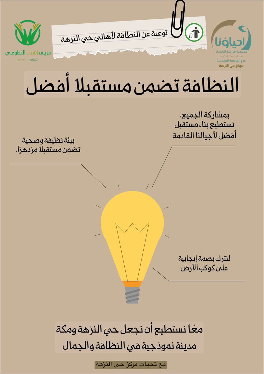 معاً أن نحعل حي النزهة ومكة مدينة نموذجية في النظافة والجمال
#النظافة_صحة_وراحة
#نظافتنا_عنوان_حضارتنا
#بيئة_نظيفة_حياة_أجمل
#مركز_حي_النزهة
#فريق_إهداء_التطوعي