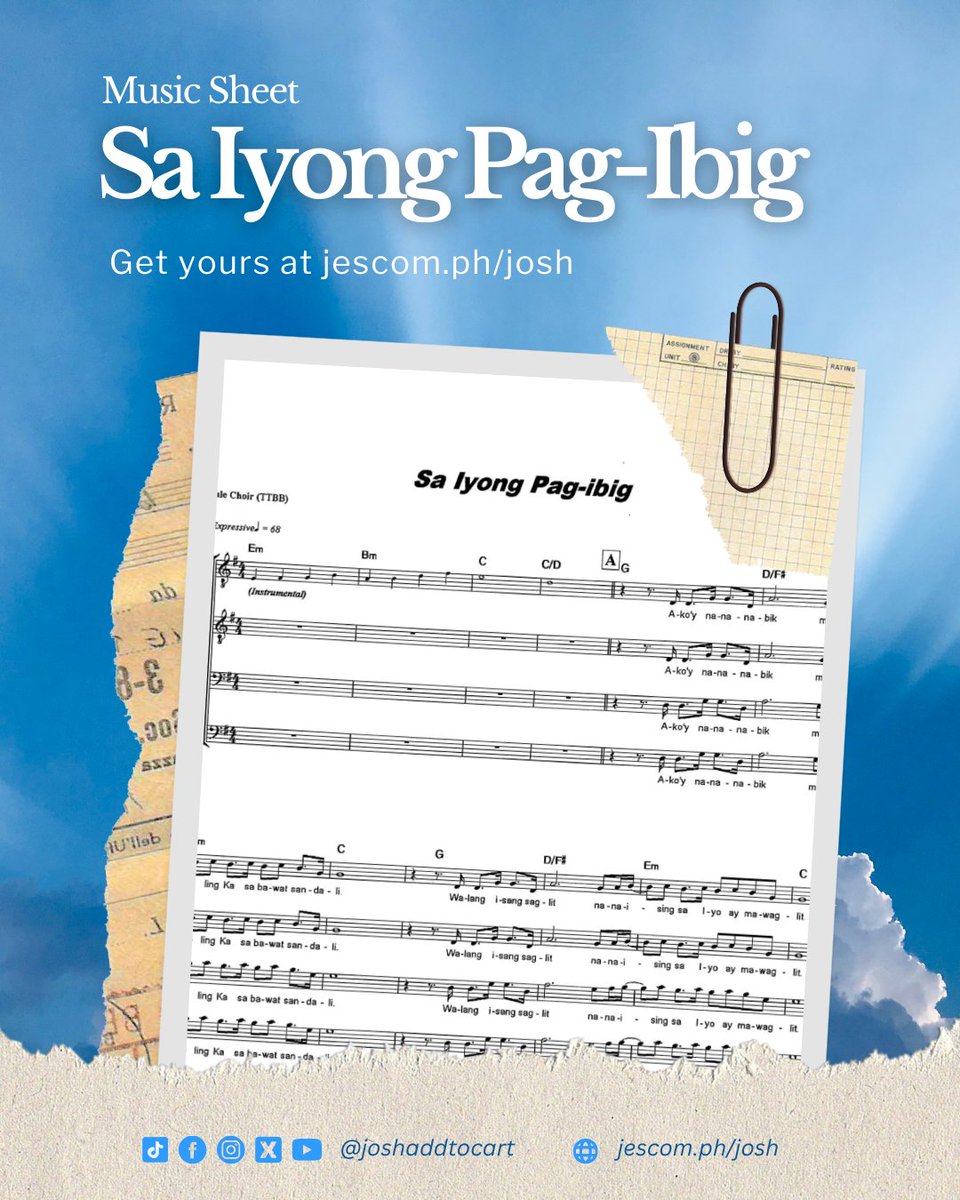 joshaddtocart's tweet photo. "Sa Iyong Pag-Ibig"
Music and Lyrics by: Natthan Dublin
Arrangement by: Kenneth Dacanay
From the songbook "This Time With You" by Hangad.
Music sheet ready to download once purchased. Get it here 👉 https://t.co/s0CUQxeE8E
#MusicSheet #JOSh #JMM #JesComPH https://t.co/likcW2MUFy