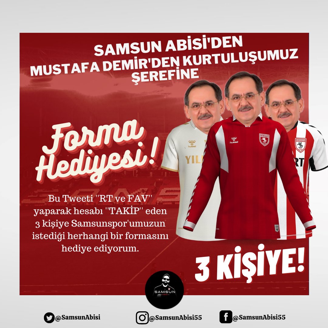 🎁Mustafa Demir'den Kurtuluşumuzun Şerefine Forma Hediyesi! 👉🏽 #Samsun'a yaptığı ve yapamadığı hizmetlerle halkı canından bezdiren, Samsunspor düşmanı Mustafa Demir'den 5 yılın sonunda kurtulmuş bulunmaktayız. Bunun şerefine 3 taraftarımıza istediği #Samsunspor'umuzun formasını