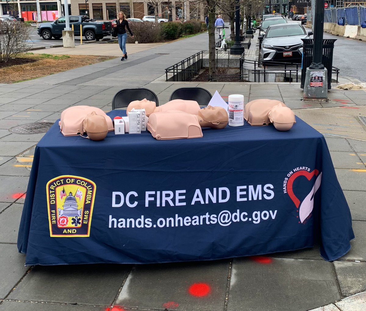 Going to the @Nationals opener? Stop by our #HandsOnHearts hands only CPR training team outside 100 N St SW & hit a home run by learning this life saving technique. They will be there till 4PM. Also, did you know the @pulsepoint app can direct you to someone in need? #DCsBravest