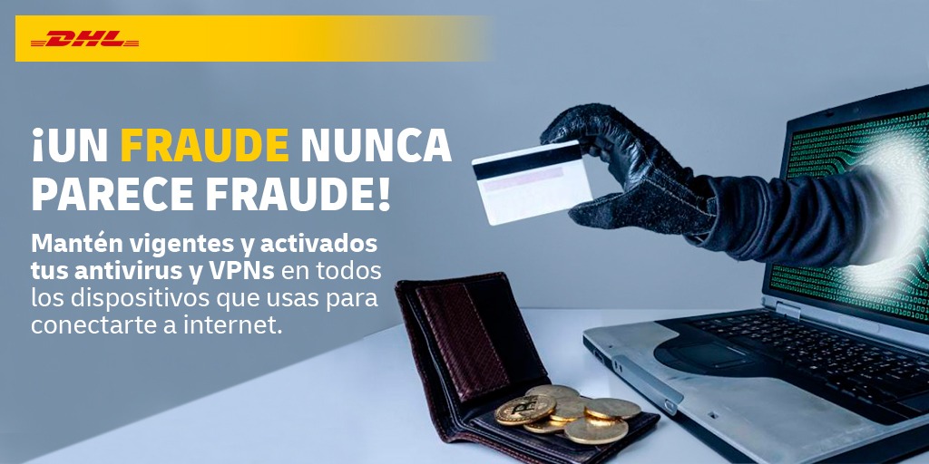 ¡Protege tus datos personales! ⚠️📲 Si crees ser víctima de algún fraude, repórtalo en prevencion@dhl.com