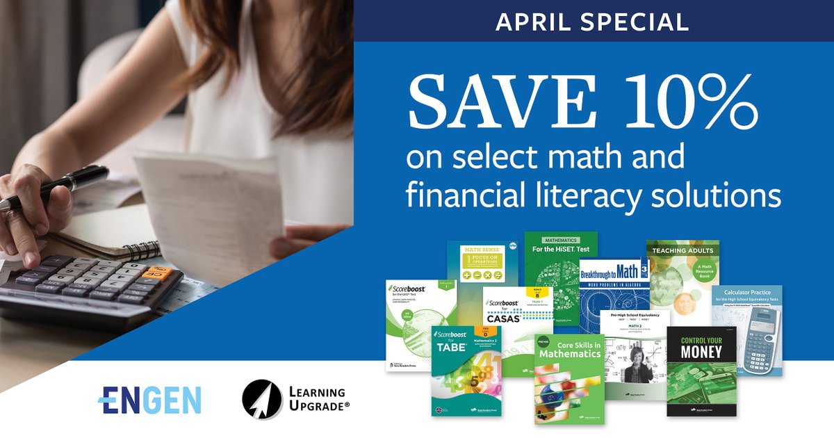 ➕➖✖️➗ Equip your students with the math and financial literacy skills needed in everyday life, at work, and on high school equivalency tests. For the month of April, save 10% on select math and financial literacy resources with the code APR24. Shop now: hubs.la/Q02r56W90