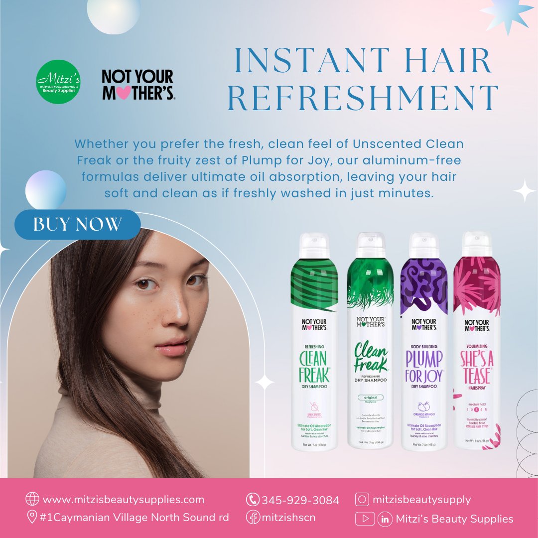 mitzi_beauty's tweet image. Freshen up in a flash with NOT YOUR MOTHER'S!

Need a hair refresh on the go? NOT YOUR MOTHER'S Dry Shampoos at Mitzi's have got you covered! 🌸🍃

#HairRefresh #QuickClean #MitziBeauty
