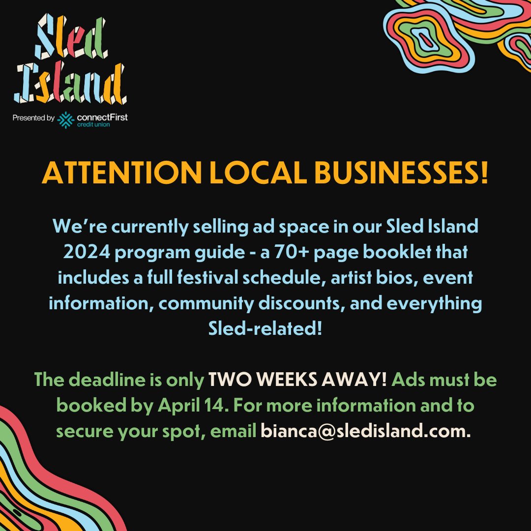 There’s only TWO WEEKS left to book your ad space in the Sled Island 2024 program guide – a comprehensive booklet featuring the schedule, artist bios, event details, community discounts, and all things Sled Island! To learn more and book your spot, contact bianca@sledisland.com.