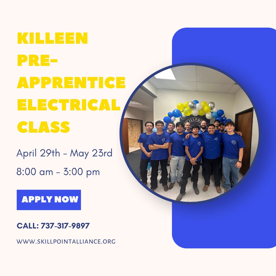 Killeen Pre-Apprentice Electrical Class starting April 29th!

 #ElectricianTraining #SkilledTrades #KilleenTX #SkillpointAlliance