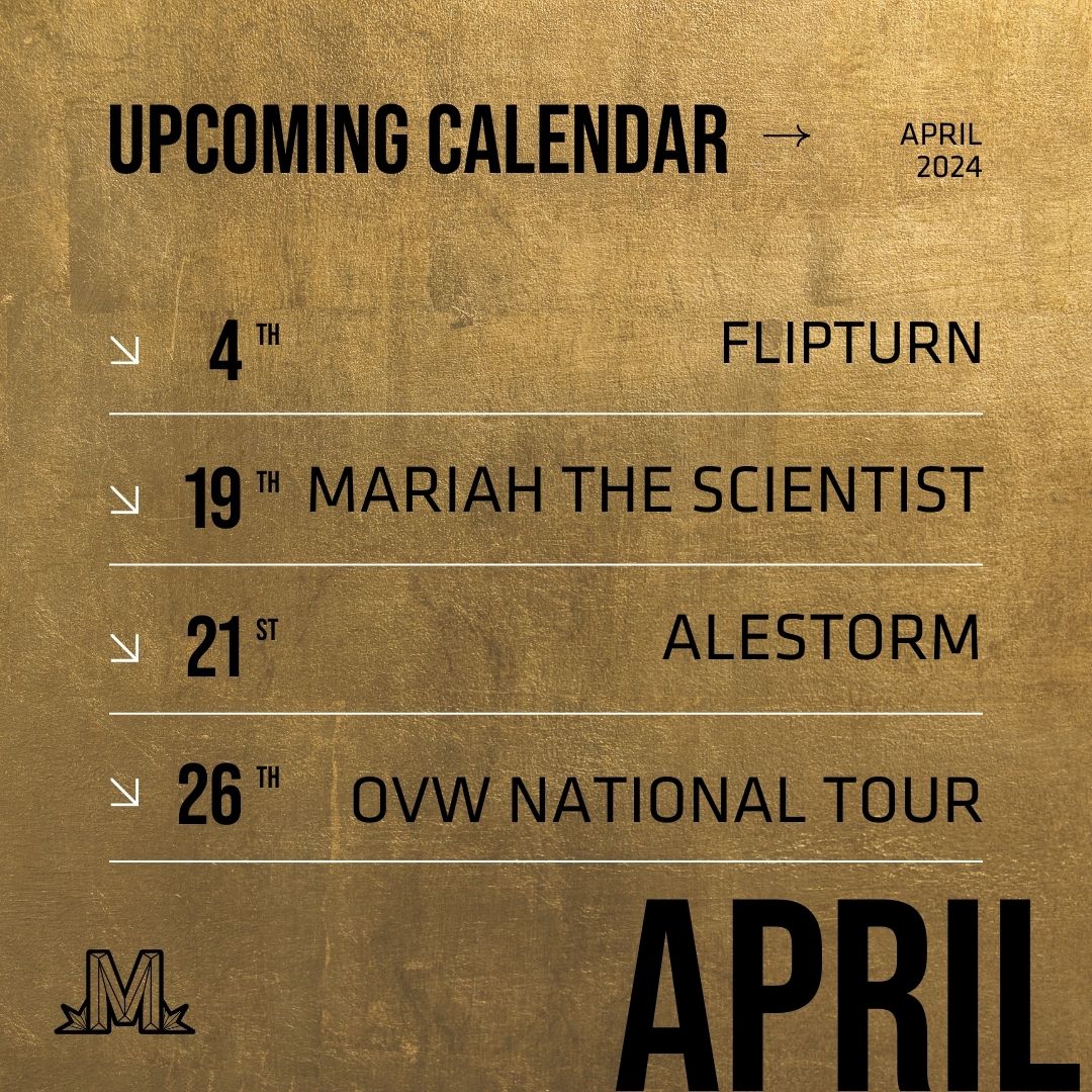 WHOA March flew by, but that just means another month ahead of badass gigs! Here's what's coming up in April: ▪️ @flipturnband - 4.4 ▪️ Mariah the Scientist - 4.19 (SOLD OUT) ▪️ Alestorm - 4.21 ▪️ OVW National Tour 4.26 🤼 Get tickets here ➚ marathonmusicworks.com/tickets