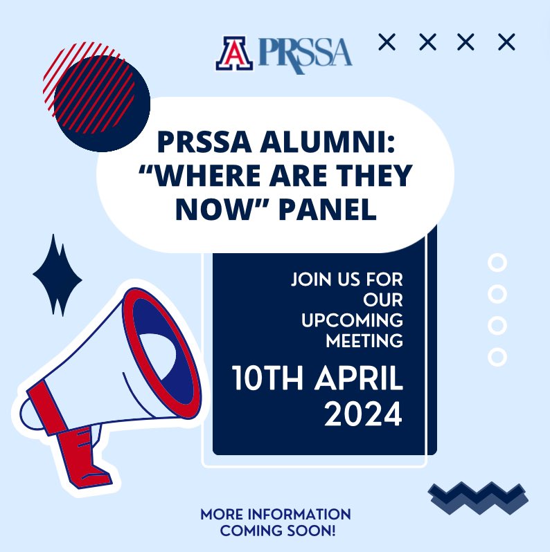 JOIN US✨😊
We are excited to share we will be having a panel of previous PRSSA members joining us at our next meeting on April 10th. Stay tuned for more information.♥️💙☺️ 

#prssaarizona #prssa #prsa #uarizona #publicrelations #prssapanel #wheretheyarenow