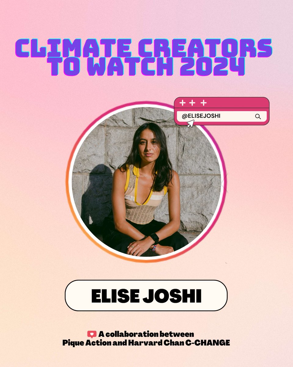 HarvardCCHANGE's tweet photo. Meet @EliseJoshi, one of our #ClimateCreators24 w/ @PiqueAction.
She's a force for climate action, sharing facts & courage in the battle against fossil fuels. Follow her journey on TikTok & IG for insights on protecting vital ecosystems.
https://t.co/aD08GLjTJo https://t.co/qSmiAba3Mo